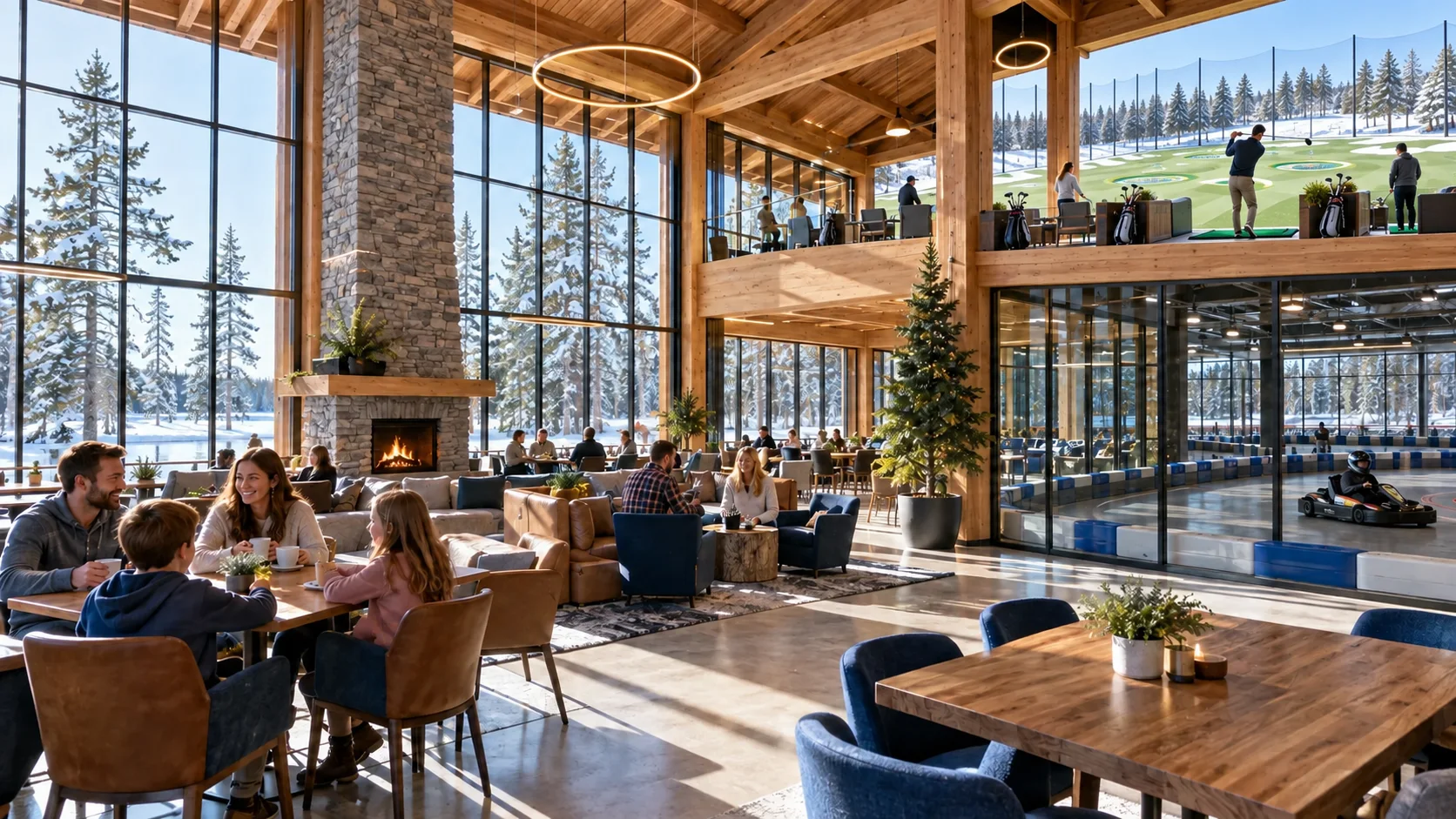 Clubhouse concept: a sunny timber-and-glass lounge, indoor karting downstairs, and upstairs golf bays hitting real balls toward a netted target range